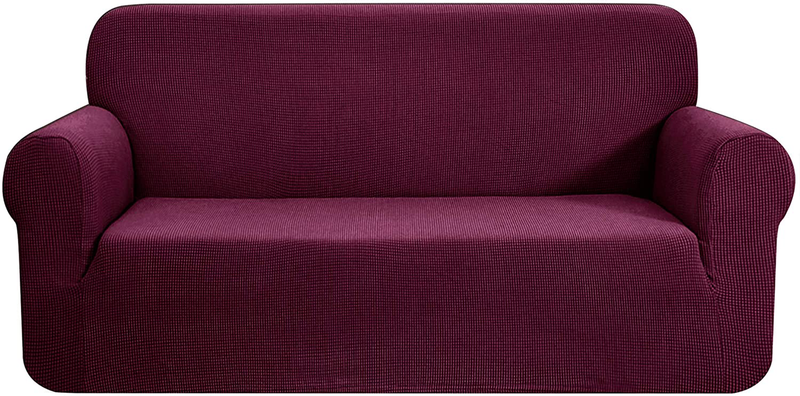 CHUN YI Stretch Sofa Slipcover 1-Piece Couch Cover, 3 Seater Coat Soft With Elastic, Checks Spandex Jacquard Fabric, Large, Black Home & Garden > Decor > Chair & Sofa Cushions CHUN YI Dark Magenta Medium 