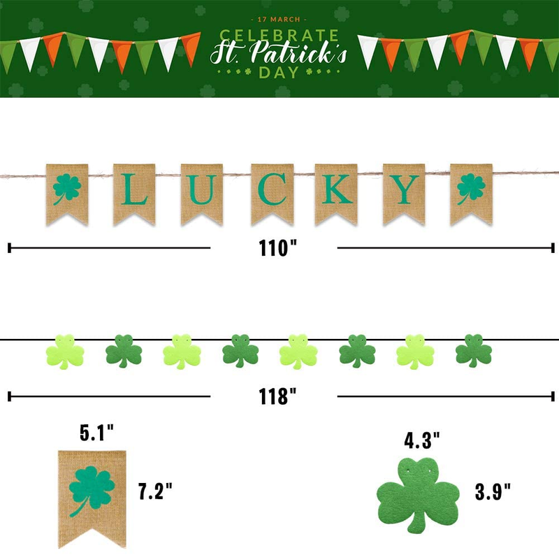 DMIGHT St.Patricks Day Decorations,2 Felt Shamrock Clover Garland+ 1 Lucky Burlap Banner,St. Patrick 'S Day Banner Decor Perfect for Irish Party Supplies- Green and Light Green Color