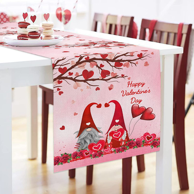 Happy Valentine'S Day Cotton Linen Table Runner Cute Gnomes Love Heart Shape Tree Rose Flowers 13X70 Inch Table Runners for Party Banquet Spring Holiday Kitchen Dining Table Top Decor Home & Garden > Decor > Seasonal & Holiday Decorations BetterDay   