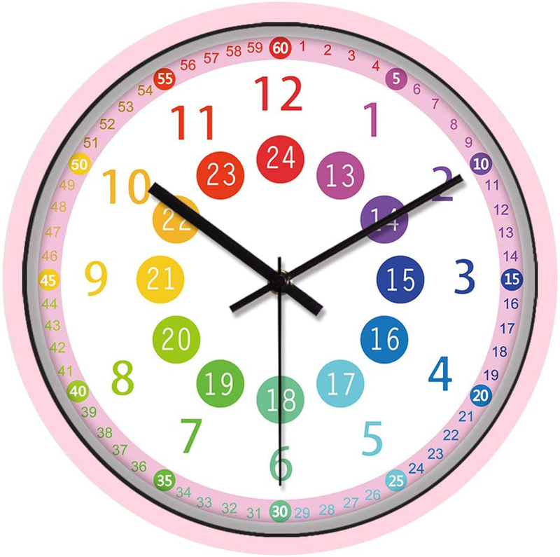 IPOUF Kids Wall Clock Telling Time Teaching Clock for Kids Room, Homeschool, Classroom, Silent Educational Wall Clock,(12inch, White Frame) Home & Garden > Decor > Clocks > Wall Clocks CHIAE Pink Frame 12inch 