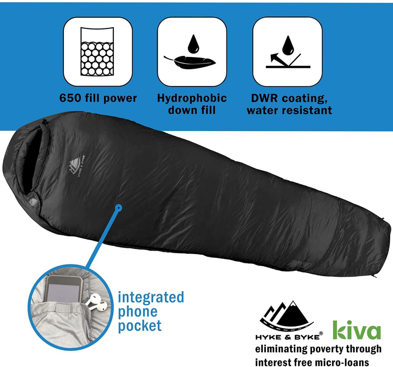 Hyke & Byke Shavano 650 Fill Power Duck down 32 Degree Backpacking Sleeping Bag for Adults Cold Weather Sleeping Bag - Synthetic Base - Ultra Lightweight 3 Season Camping Sleeping Bags for Kids Too