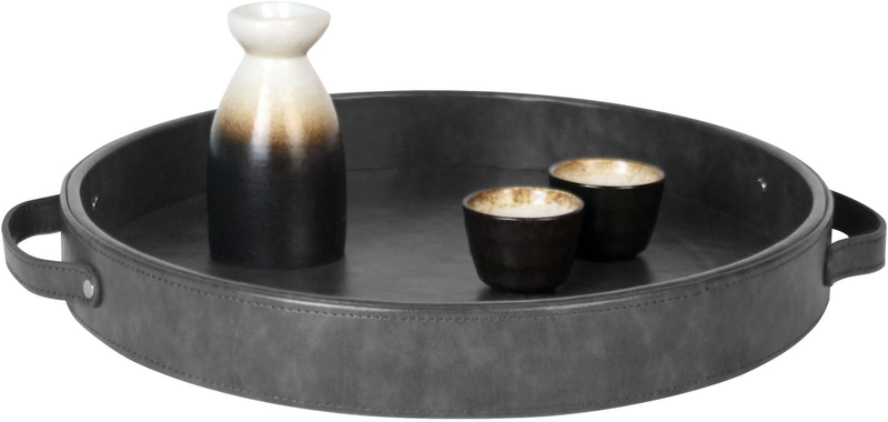 HofferRuffer Top Nocth PU Leather Round Serving Tray, Decorative Serving Tray with Handles, Coffee Tray, Ottoman Tray for Home Or Office, Diameter 14.6-inch (Dark Grey) Home & Garden > Decor > Decorative Trays Jincheng   