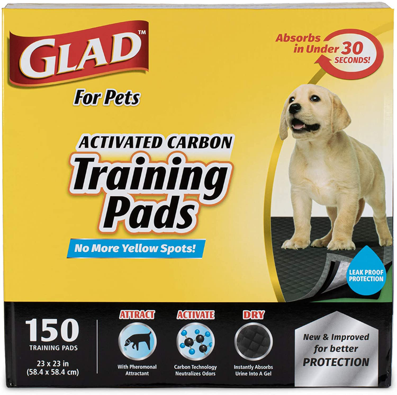 Glad for Pets Black Charcoal Puppy Pads-Puppy Potty Dog Training Pads That Absorb & NEUTRALIZE Urine Instantly-Training Pads for Dogs, Dog Pee Pads, Pee Pads for Dogs, Dog Crate Pads Animals & Pet Supplies > Pet Supplies > Dog Supplies > Dog Diaper Pads & Liners Fetch for Pets 150 Count (Pack of 1)  