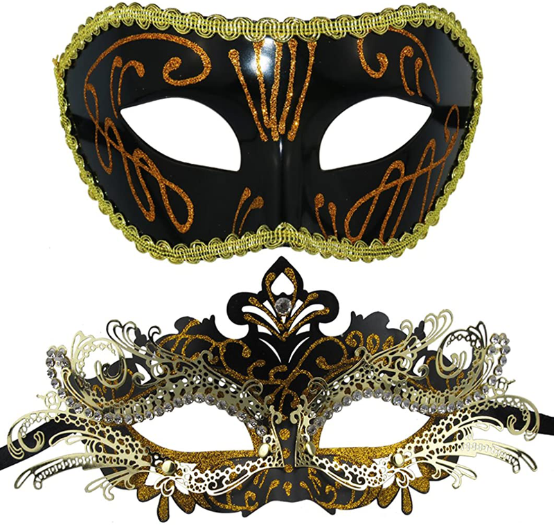 Couple Masquerade Metal Masks Venetian Halloween Costume Mask Mardi Gras Mask Apparel & Accessories > Costumes & Accessories > Masks Coddsmz Black-gold+black-gold  