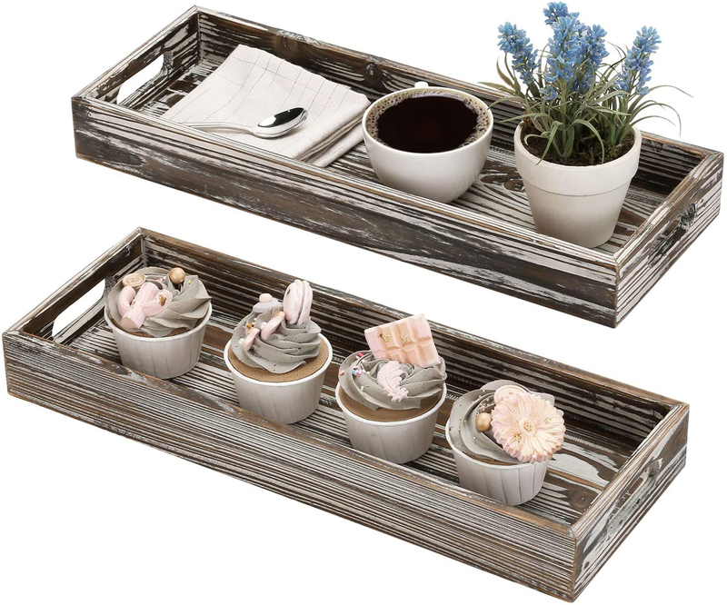 MyGift 16 x 6 Inch Rustic Wood Decorative Rectangular Serving Display Trays with Cutout Handles, Set of 2 Home & Garden > Decor > Decorative Trays MyGift Torched Wood  