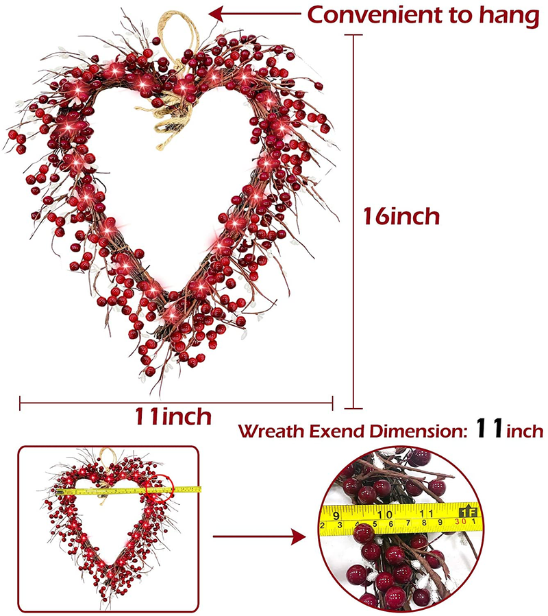 TURNMEON Prelit 16 Inch Heart Valentines Wreath Front Door Decorations Valentines Lights 20 LED Battery Operated 220 Red Berries 248 White Seeds Valentines Day Decor Indoor Home Outdoor Party Home & Garden > Decor > Seasonal & Holiday Decorations TURNMEON   