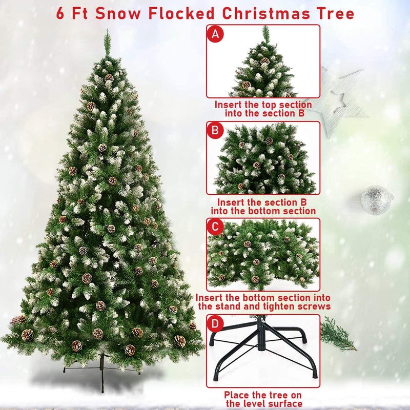 Timechee 6FT Artificial Christmas Tree,Snow Flocked Tree with Pine Cones and Metal Stand, Holiday Xmas Tree for Festival Indoor Outdoor Décor (800 Branch Tips) Home & Garden > Decor > Seasonal & Holiday Decorations > Christmas Tree Stands Timechee   