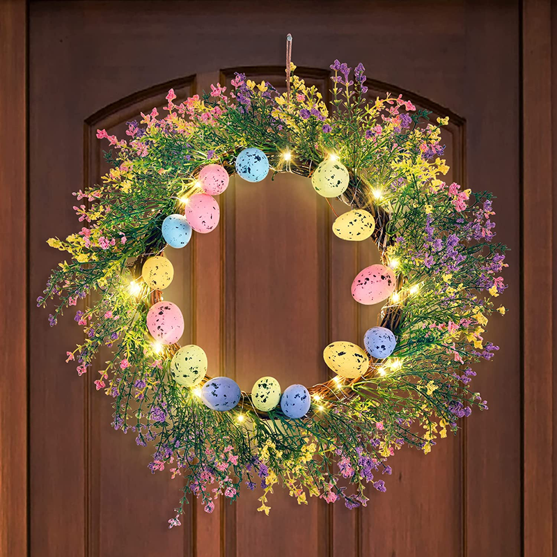 Easter Eggs Decorations Wreath - Spring Artificial Flowers Decor for the Home/Door/Front Porch, Gifts, with Led-Light String (Batteries Not Included, Assembly Needed) Home & Garden > Decor > Seasonal & Holiday Decorations luck sea   