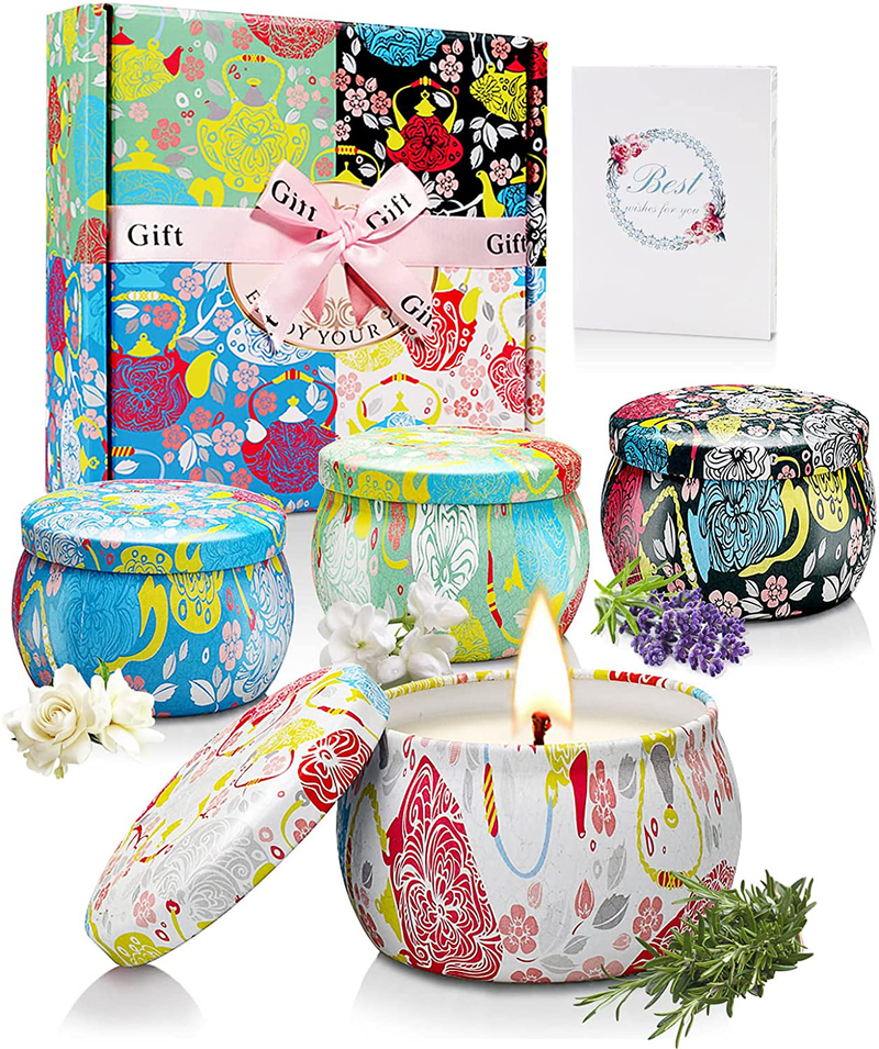 Scented Candles Gifts for Women 4 Pack 4.4Oz Soy Wax Floral Candle Set with Card Valentines Day Gifts for Her Portable Travel Tin Aromatherapy Candle Mothers Day Birthday Home Wedding Fragrance Decor Home & Garden > Decor > Seasonal & Holiday Decorations Ccia Floral  