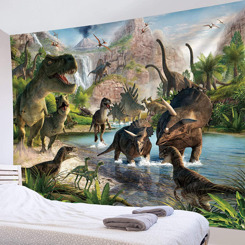 HVEST Jurassic Dinosaur Tapestry Wild Ancient Predator Animal Wall Hanging Tropical Forest with Green Trees and Mountain Wall Tapestries for Bedroom Living Room Dorm Party Wall Decor,60Wx40H inches Home & Garden > Decor > Artwork > Decorative Tapestries HVEST 92.5" X 70.9"  