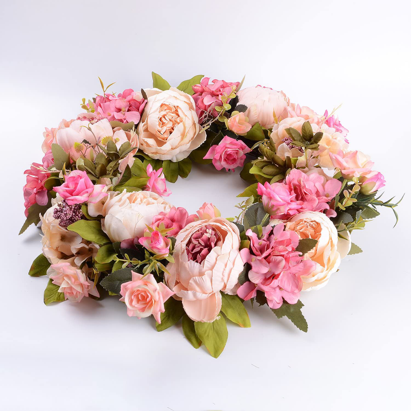Lvydec Artificial Peony Flower Wreath - 15" Pink Flower Door Wreath with Green Leaves Spring Wreath for Front Door, Wedding, Wall, Home Decor Home & Garden > Decor > Seasonal & Holiday Decorations Lvydec   
