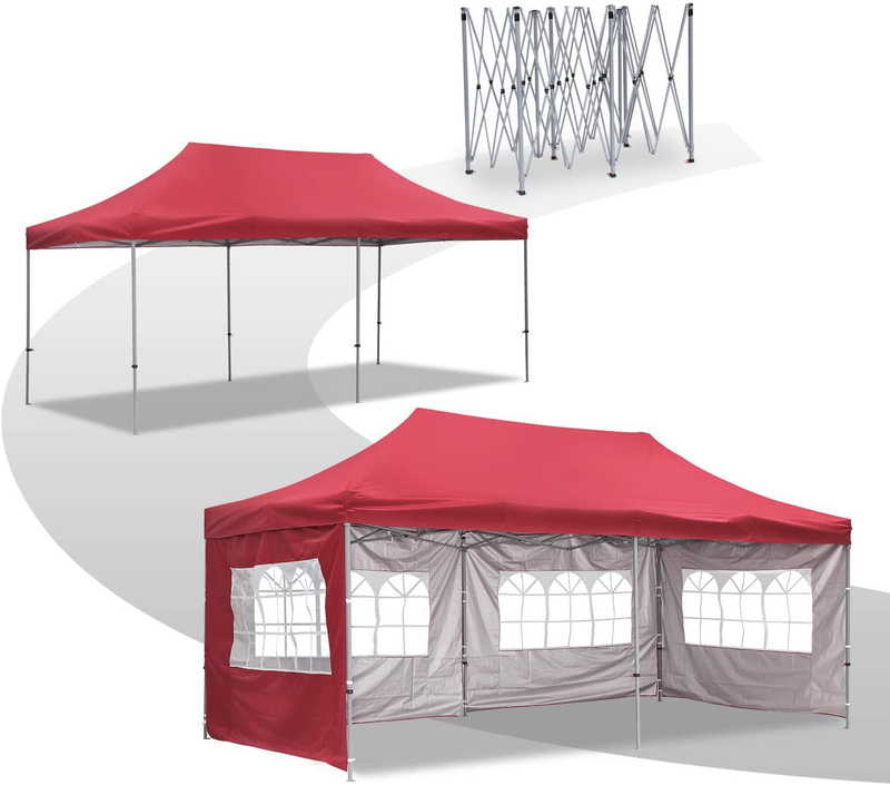 DOIT 10 x 20 FT Pop Up Canopy with Removable Sidewalls, Outdoor Canopy Tent for Party, Event, Wedding & Camping, Instant Easy Up Gazebo Shelter with Potable Wheeled Carrying Bag - Red Home & Garden > Lawn & Garden > Outdoor Living > Outdoor Structures > Canopies & Gazebos DOIT   