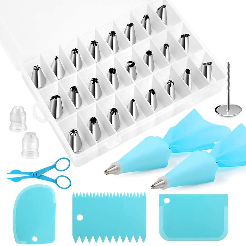 Kincown [NEW UPGRADED]33pcs Cake Decorating Tools Kit,Baking Supplies Set,Piping Tips and Bag Set with 24 Stainless Steel Icing Piping Tips,3 Scrapers,2 Couplers,2 Bags,1 Flower Nail,1 Flower Scissors