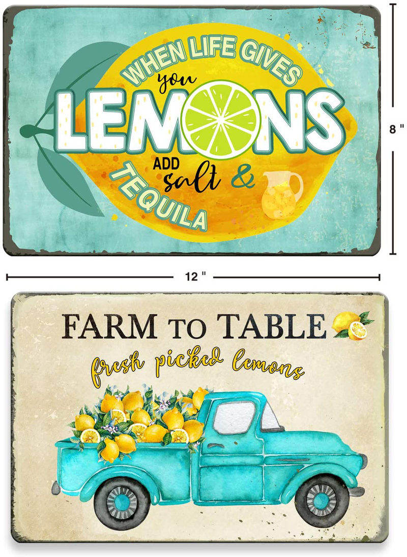 GSS Designs Truck With Farm Fresh Lemons Metal Tin Sign (2 Pack) - Funny Lemon Retro Vintage Tin Sign 12x8Inch Country Home Kitchen Wall Art Decor (MTS-013) Home & Garden > Decor > Artwork > Sculptures & Statues GSS Designs   