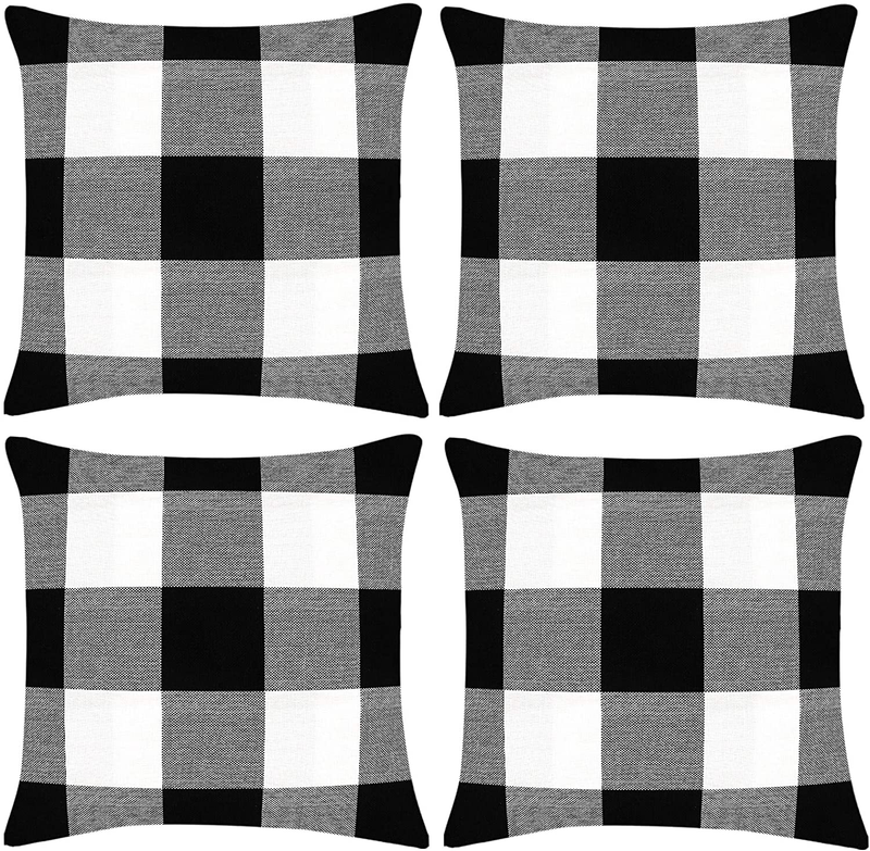 Fixwal Set of 2 Buffalo Check Plaid Throw Pillow Covers Farmhouse Outdoor Pillow Cushion Case Cotton Linen for Home Decor Black and White, 18X18 Inch Home & Garden > Decor > Chair & Sofa Cushions Fixwal Black & White 4 
