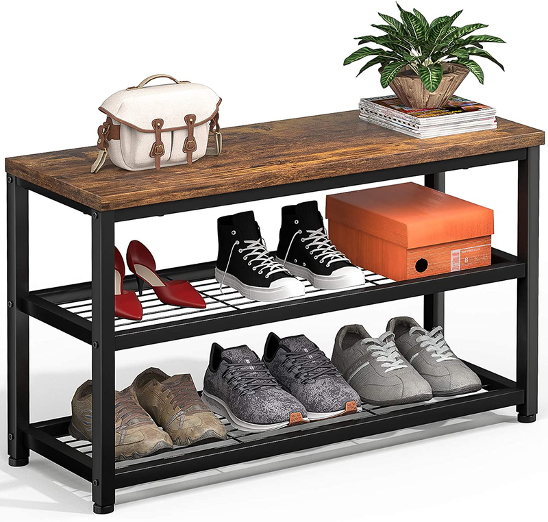 Homfio Shoe Rack, 3 Tier Shoe Rack Bench, Industrial Shoe Storage Organizer, Entry Bench, 3-Tier Metal Shoe Rack Shelves with MDF Top Board, Entryway Table for Hallway, Living Room, Closet, Bedroom Furniture > Cabinets & Storage > Armoires & Wardrobes Topfurny Rustic Brown Small 
