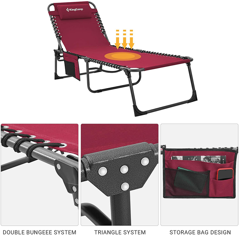 Kingcamp Adjustable 4-Position Heavy Duty Folding Chaise Lounge Chair with Pillow Pocket, Portable Great for Outdoor Patio Lawn Beach Pool Sunbathing, Supports 264Lbs Sporting Goods > Outdoor Recreation > Camping & Hiking > Camp Furniture KingCamp   