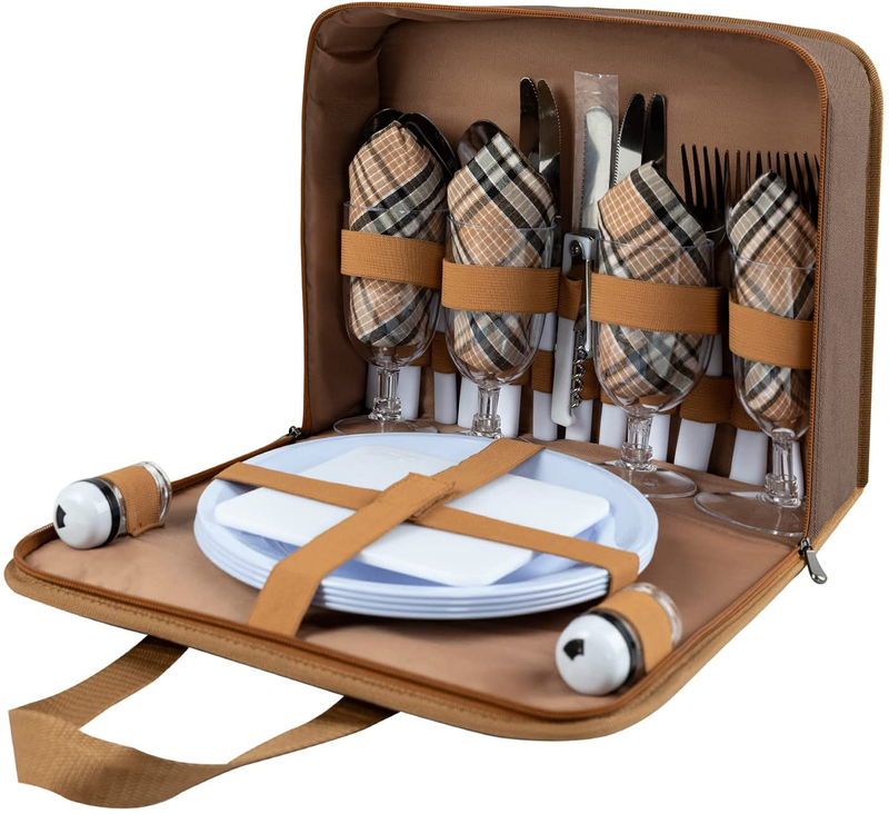 TAIBID Picnic Set Camping Cutlery Organizer 4 Person Dinnerware Set - 30pcs Eating Set with Plates,Spoons,Knives,Wine Opener,Forks,Napkins,Wine Glasses (Brown)