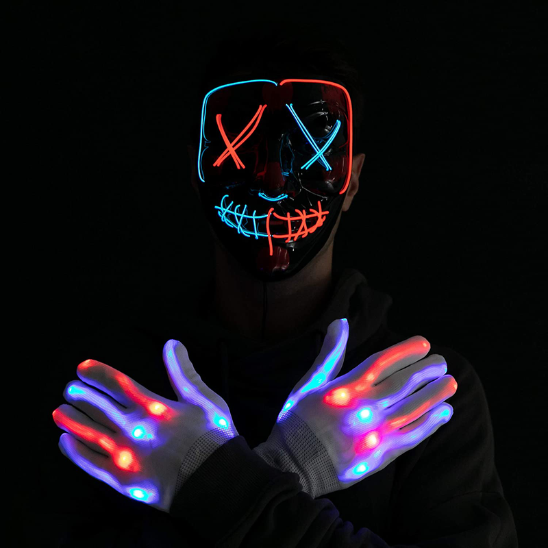 Halloween Led Mask Light Up Scary Mask and Gloves with 3 Lighting Modes for Halloween Cosplay Costume and Party Supplies Apparel & Accessories > Costumes & Accessories > Costumes JOYIN Multi Red+blue  