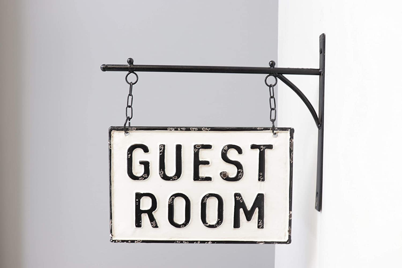 Silvercloud Trading Co. Rustic Hanging Double-Sided Guest Room Embossed Black on White Enamel Metal Sign with Bracket - Wall Decor - Room Label