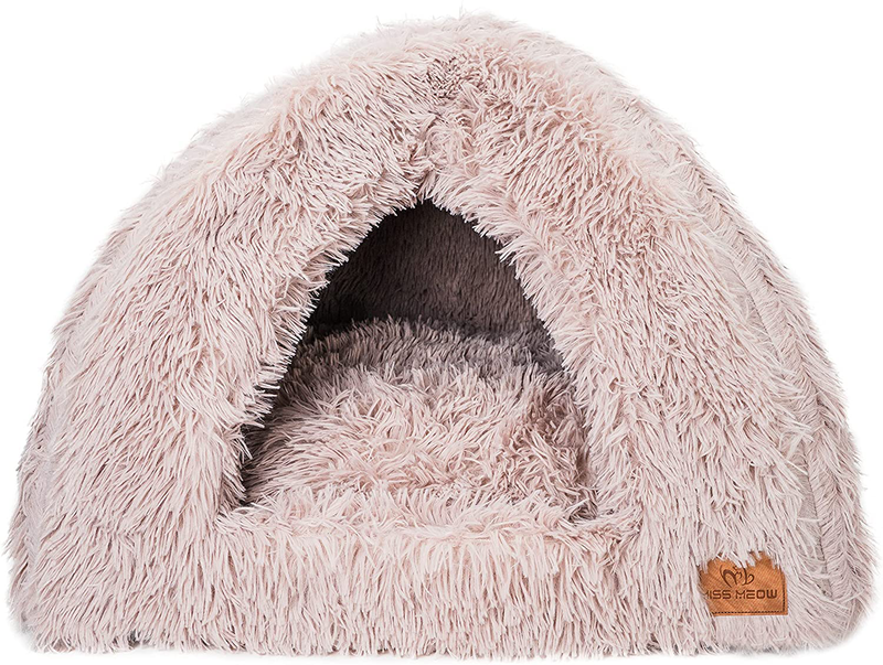 Miss Meow Cat Cave Bed Tent for Indoor Small and Large Cats,Machine Washable and with Removable Cushion Cover,Ultra Soft with Anti-Slip Bottom,Warming Calming Fluffy Small Dogs Tent Bed Animals & Pet Supplies > Pet Supplies > Dog Supplies > Dog Beds Miss Meow Beige Fleece Large 