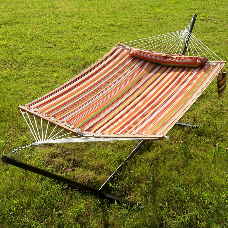 Hammock with Stands 2 Person Heavy Duty 450 Pounds Capacity with Bamboo Spreader Bar,Pad ,Pillow and Cup Holder Included for Outdoor Patio,Deck,Yard(Blue Stripe) Home & Garden > Lawn & Garden > Outdoor Living > Hammocks CharaVector T Red  
