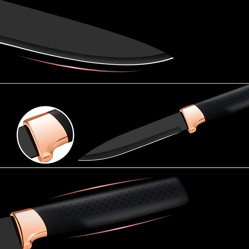 elabo 5 Pieces Black Kitchen Knife Set Stainless Steel Non Stick Coating Knives with Base, Rose Gold Handle, Home & Garden > Kitchen & Dining > Kitchen Tools & Utensils > Kitchen Knives elabo   