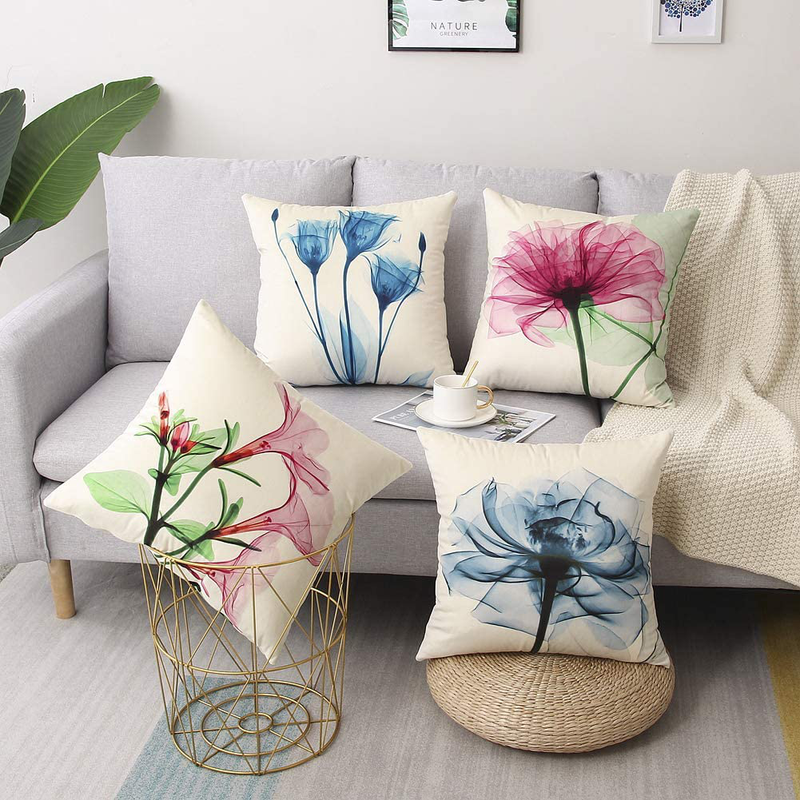 Coeufuedy Set of 4 Decorative Velvet Throw Pillow Covers Spring Pillow Cover Soft Square Pillow Case Cushion Cover for Couch Sofa Bed Chair 18X18 Inch (Flowers) Home & Garden > Decor > Chair & Sofa Cushions Coeufuedy   