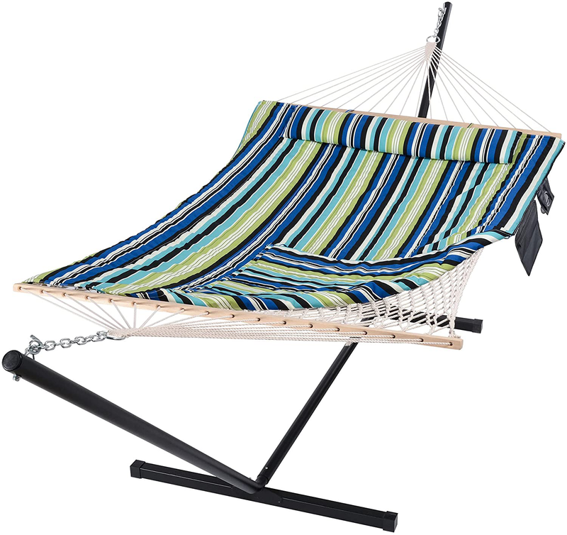 SUNCREAT Hammocks Double Cotton Rope Hammock with Polyester Pad, Heavy Duty Hammock with Steel Stand, Blue&Green Home & Garden > Lawn & Garden > Outdoor Living > Hammocks SUNCREAT Blue&green  