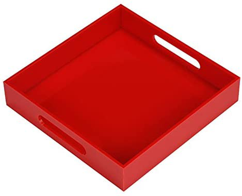 KEVLANG Glossy White Sturdy Acrylic Serving Tray with Handles-10x15Inch-Serving Coffee Appetizer Breakfast Butler-Kitchen Countertop-Makeup Drawer Organizer-Vanity Table Tray-Ottoman Tray Home & Garden > Decor > Decorative Trays KEVLANG Glossy Red 12"x12"x2"H 