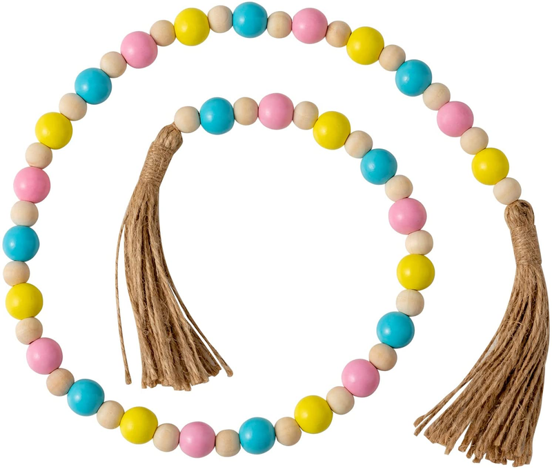 Hogardeck Easter Wood Bead Garland, 33.5 Inch Wooden Beads with Tassels and Bunny Tag Boho Decor Hanging Farmhouse Rustic Beads Easter Decorations for the Home Tiered Tray Mantel Shelf Wall
