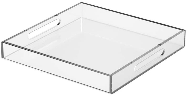 NIUBEE Acrylic Serving Tray 10x10 Inches -Spill Proof- Clear Decorative Tray Organiser for Ottoman Coffee Table Countertop with Handles