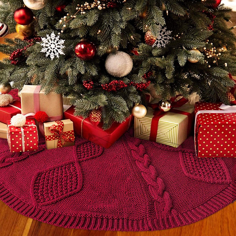 LimBridge Christmas Tree Skirt, 48 inches Diamond Knit Knitted Thick Rustic Xmas Holiday Decoration, Burgundy Home & Garden > Decor > Seasonal & Holiday Decorations > Christmas Tree Skirts LimBridge   