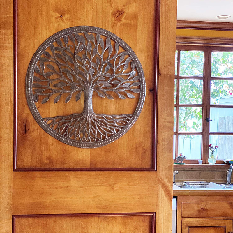 Small Organic Tree of Life Wall Art Framed, 17.25 In., Wall Hanging Metal Art Decor, Handmade in Haiti, Indoor Outdoor, Family Roots Recycled Steel Home & Garden > Decor > Artwork > Sculptures & Statues It's Cactus   