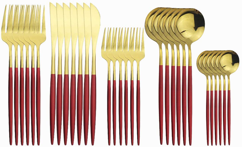 Gugrida 24-Piece Silverware Set - 18/10 Stainless Steel Reusable Utensils Forks Spoons Knives Set, Mirror Polished Cutlery Flatware Set, Great for Family Gatherings & Daily Use (6 set, Black Handle) Home & Garden > Kitchen & Dining > Tableware > Flatware > Flatware Sets Gugrida Red Gold  