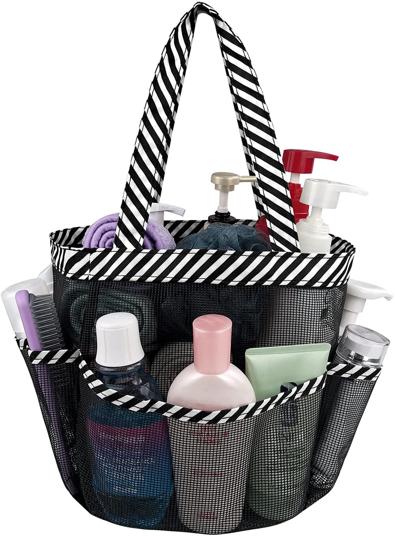 Mesh Shower Caddy Basket with 8 Storage Pockets, Portable Shower Tote Bag Hanging Swimming Pool, Toiletry Bathroom Organizer for College Dorm Room Essentials for Girls and Boys (1, Golden Dots) Sporting Goods > Outdoor Recreation > Camping & Hiking > Portable Toilets & Showers Hommtina Black White Pinstripe 1 