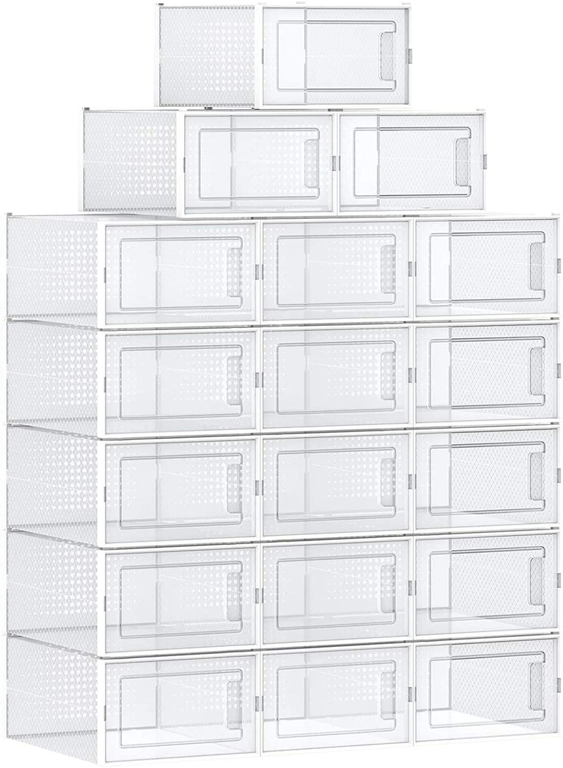 SONGMICS Shoe Boxes, Pack of 18 Clear Plastic Stackable Shoe Organizers, Fit up to US Size 9.5, Sneakers Boots Storage Containers, 9.8 X 13.8 X 7.3 Inches, Transparent and White ULSP18MWT Furniture > Cabinets & Storage > Armoires & Wardrobes SONGMICS   
