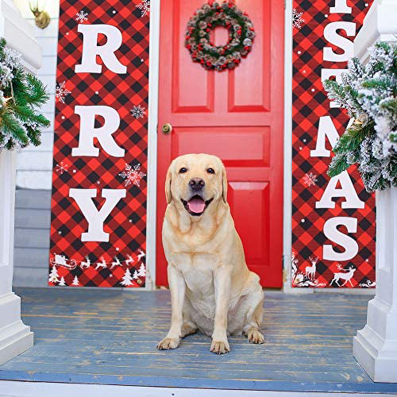 Porch Christmas Decorations, Merry Christmas Banner, Christmas Porch Sign - Large Christmas Front Door Decorations Outdoor, Red Plaid Christmas Decor Outside, Christmas Yard Signs - 71”x14” Home & Garden > Decor > Seasonal & Holiday Decorations& Garden > Decor > Seasonal & Holiday Decorations AREOK   