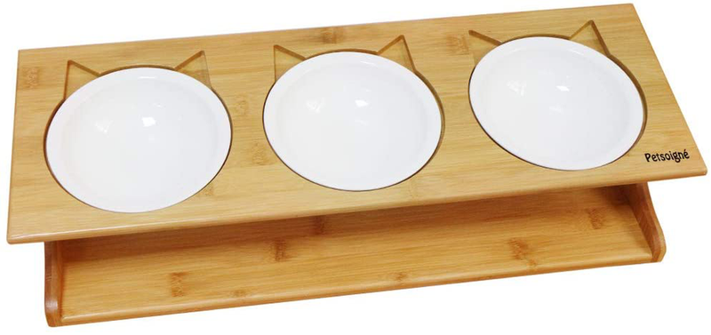 Petsoigné Cat Bowls Pet Dining Table with Raised Slope Wooden Stand Elevated Pet Bowls with Oblique Stand for Cats, Dogs, Kitten and Puppy (3 Bowls, Steel) Animals & Pet Supplies > Pet Supplies > Cat Supplies Petsoigné Ceramics 3 Bowls 