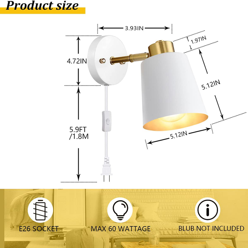 Plug in Wall Sconces Set of 2, Swing Arm Wall Lamp with On/Off Switch Metal White Vintage Industrial Wall Mounted Lighs Reading Light Fixtures for Bedside Bedroom Doorway,E26 Base