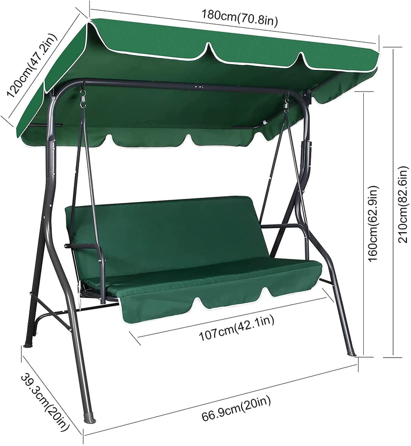 Patio Swing Chair 3 Seater, 3 Person Outdoor Canopy Swing Heavy Duty Porch Swing Seat with Canopy Garden Swing Chair for Outdoor Indoor (Green) Home & Garden > Lawn & Garden > Outdoor Living > Porch Swings Qdreclod   