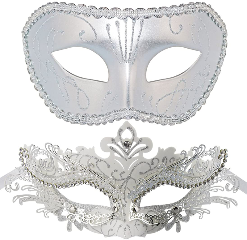 Couple Masquerade Metal Masks Venetian Halloween Costume Mask Mardi Gras Mask Apparel & Accessories > Costumes & Accessories > Masks Coddsmz Sliver+white  