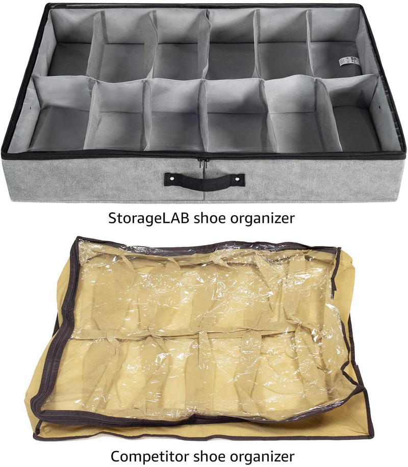 Storagelab under Bed Shoe Storage, Shoe Organizer under Bed with Clear Top Cover and Sturdy Sides - Set of 2, Fits up to 24 Pairs Total - Bedroom Storage and Organization