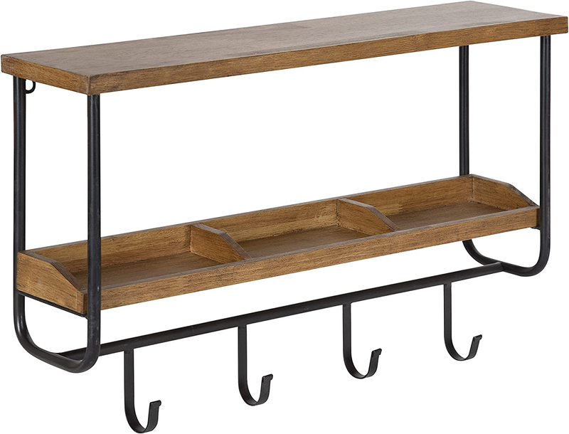 Kate and Laurel Oddell Wood Wall Shelf with Hooks, 24x6x15, Rustic Brown Furniture > Shelving > Wall Shelves & Ledges Kate and Laurel Default Title  