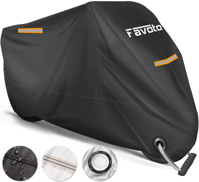 Favoto Motorcycle Cover All Season Universal Weather Premium Quality Waterproof Sun Outdoor Protection Durable Night Reflective with Lock-Holes & Storage Bag Fits up to 96.5” Motorcycles Vehicle Cover Vehicles & Parts > Vehicle Parts & Accessories > Vehicle Maintenance, Care & Decor > Vehicle Covers > Vehicle Storage Covers > Motorcycle Storage Covers ‎Favoto 108 inch Length  
