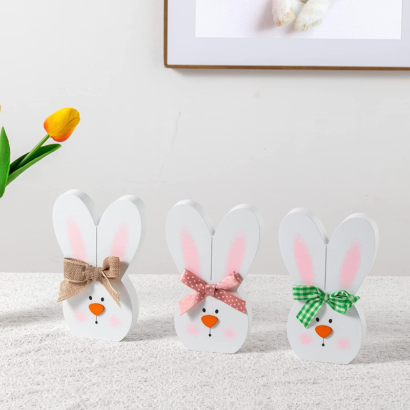 Easter Decorations for the Home, Hogardeck 3 Pcs Easter Bunny Table Decor, Wood Sign Rabbit Block Set with Plaid Dot Burlap Bow Wooden Signs Table Centerpiece Farmhouse Decor for Party Fireplace Tiered Tray Tabletop Home & Garden > Decor > Seasonal & Holiday Decorations hogardeck   