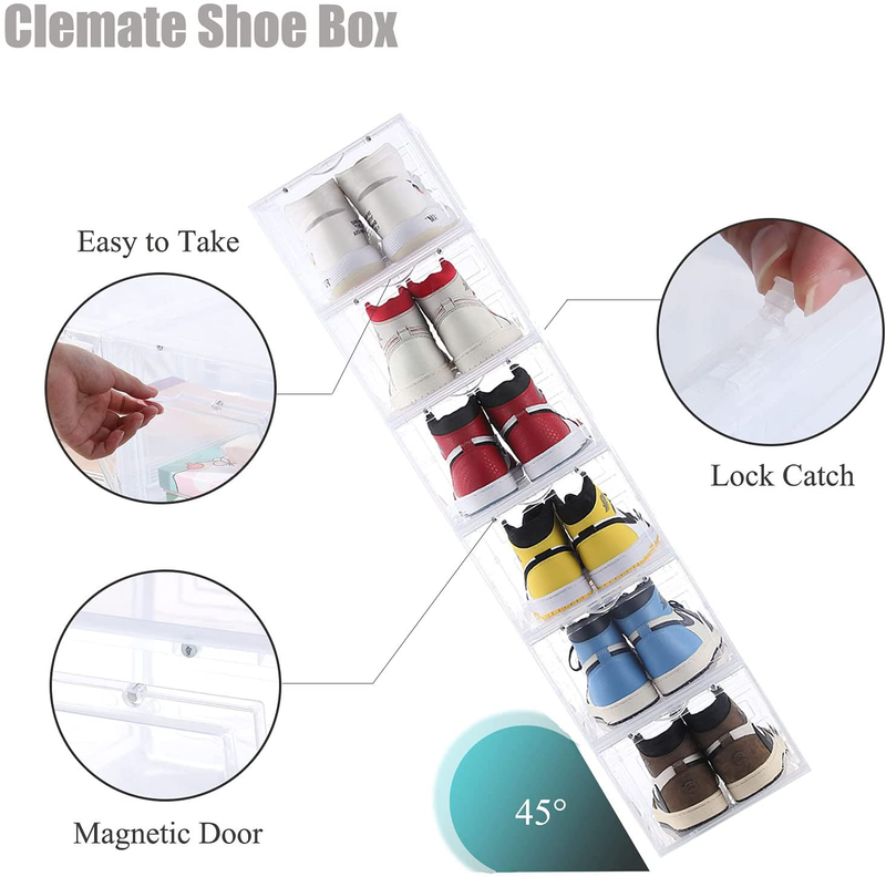 Clemate Shoe Storage Box,Set of 6,Shoe Box Clear Plastic Stackable,Drop Front Shoe Box with Clear Door,Shoe Organizer and Shoe Containers for Sneaker Display,Fit up to US Size 12(13.4”X 9.84”X 7.1”)