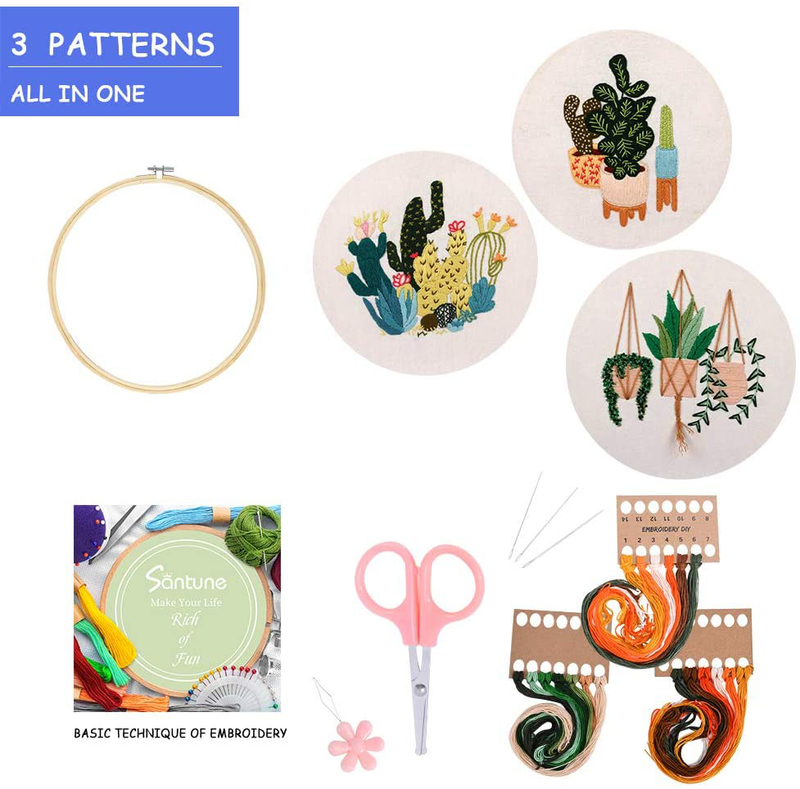 Santune 3 Sets Embroidery Starter Kit with Pattern and Instructions, Cross Stitch Set, Stamped Embroidery Kits with 3 Embroidery Pattern, 1 Embroidery Hoops (Cactus1-2-3)