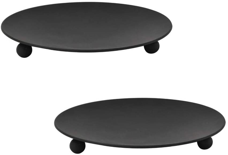 Iron Plate Candle Holder, Black, Decorative Iron Pillar Candle Plate, Set of 2, 4.75 inches D x .7 inches H, Pedestal Candle Stand for LED & Wax Candles, Incense Cones, Spa, Weddings