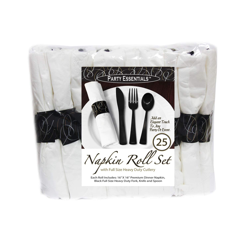 Party Essentials - N501732 Extra Heavy Duty Cutlery Kit with Black Fork/Knife/Spoon and 3-Ply White Napkin (Case of 300 rolls) Home & Garden > Kitchen & Dining > Tableware > Flatware > Flatware Sets NorthWest Enterprises   